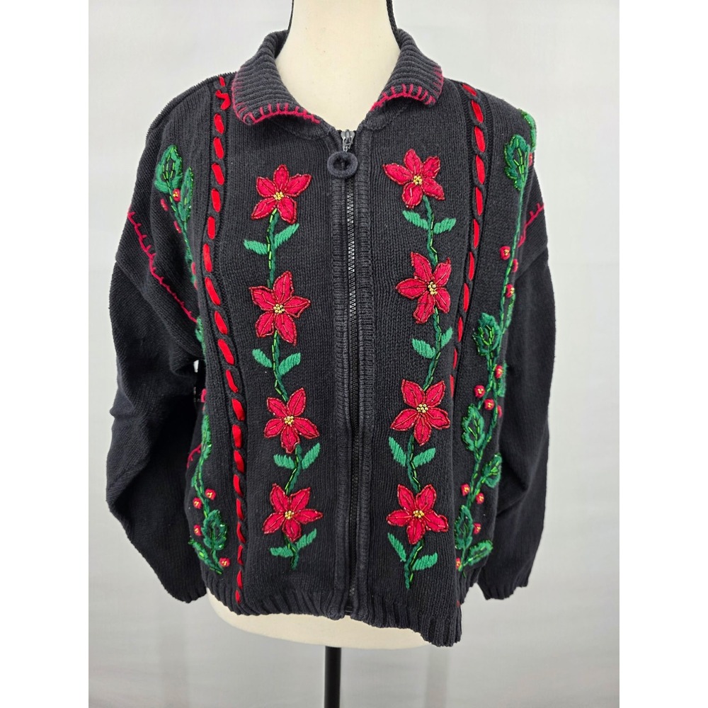 Work In Progress Vintage Floral Embroidered Zip Up Cardigan Sweater Black Large